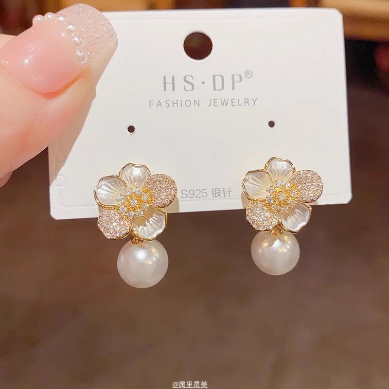 Pearl Earring Flower Drop CZ Faux