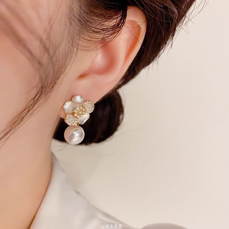 Pearl Earring Flower Drop CZ Faux