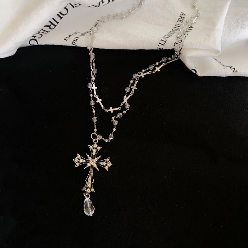 Pendant CZ Layered Necklace Cross Bead
