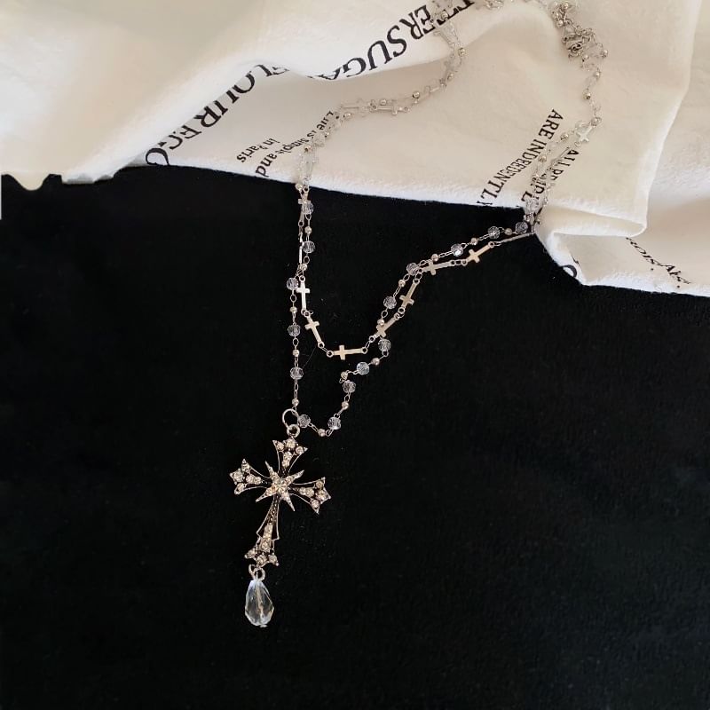 Pendant CZ Layered Necklace Cross Bead