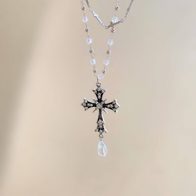 Pendant CZ Layered Necklace Cross Bead