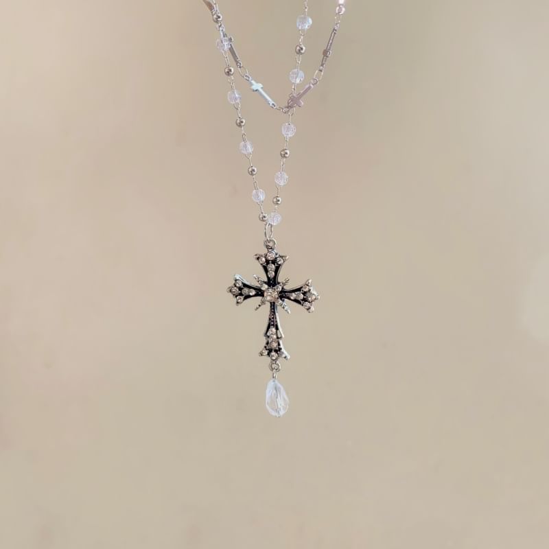 Pendant CZ Layered Necklace Cross Bead