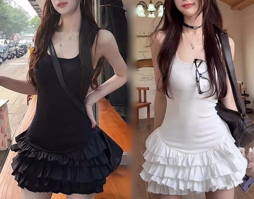 Sleeveless Mini Dress Plain Tiered