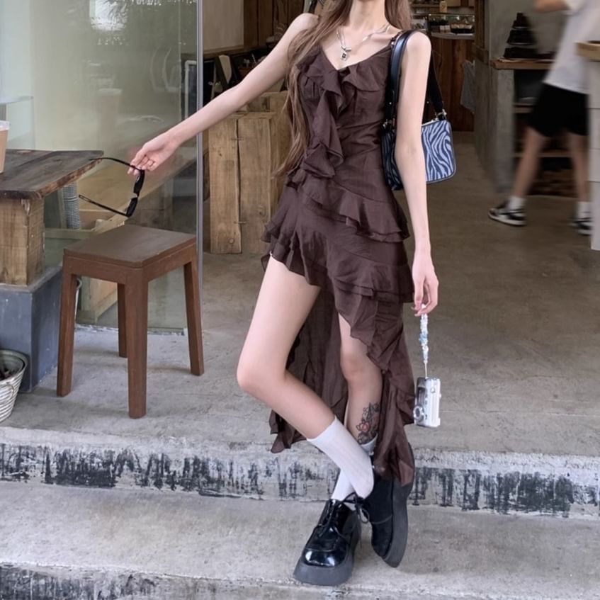 V-Neck Sleeveless Asymmetrical Dress A-Line