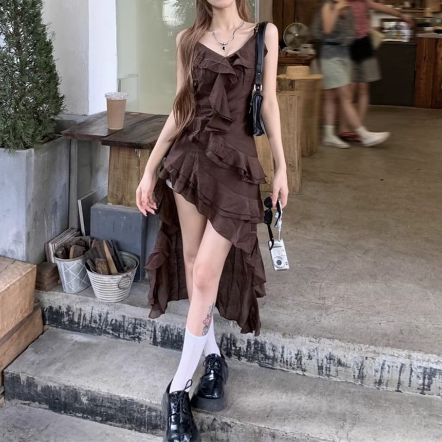 V-Neck Sleeveless Asymmetrical Dress A-Line