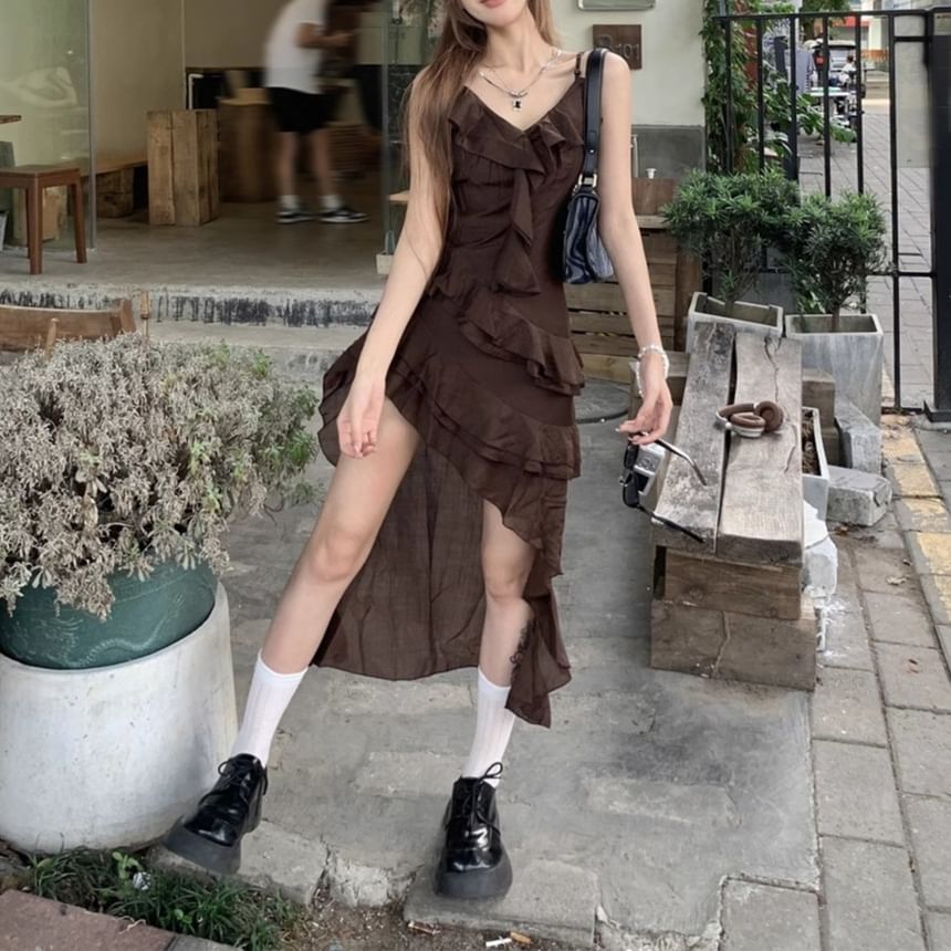 V-Neck Sleeveless Asymmetrical Dress A-Line