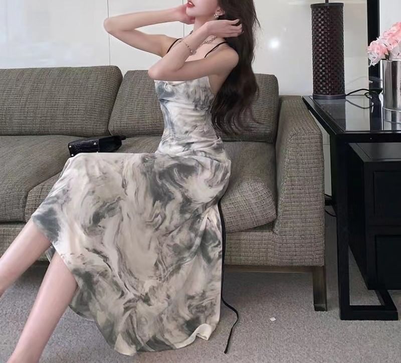 Spaghetti Maxi Print Strap Dress A-Line