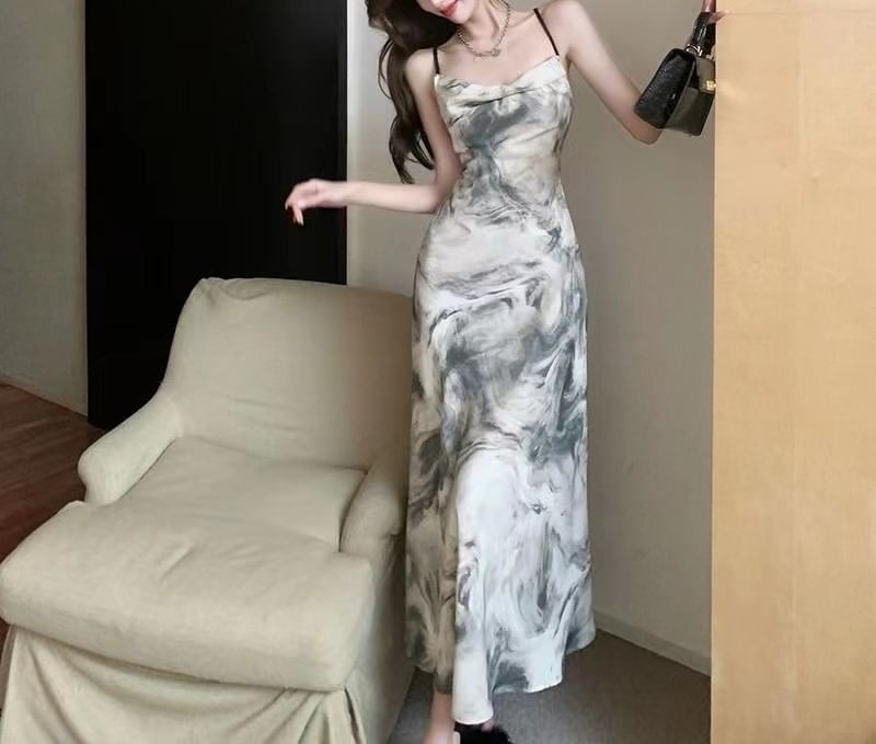 Spaghetti Maxi Print Strap Dress A-Line