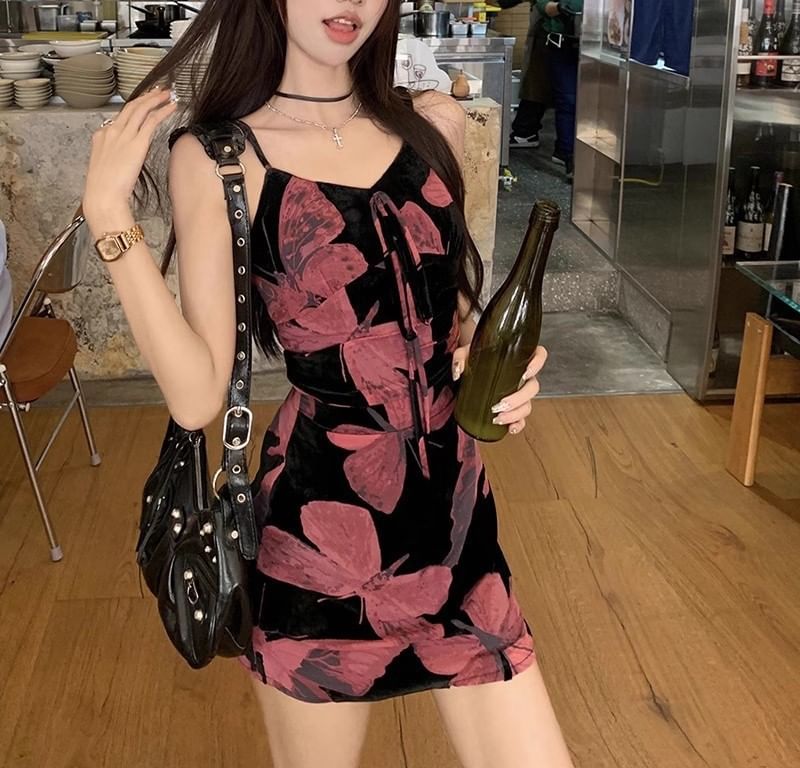 A-Line Designs) Floral (Various Spaghetti Dress Strap V-Neck Print