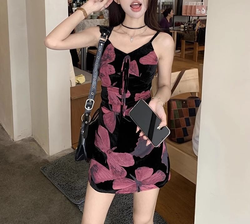 A-Line Designs) Floral (Various Spaghetti Dress Strap V-Neck Print