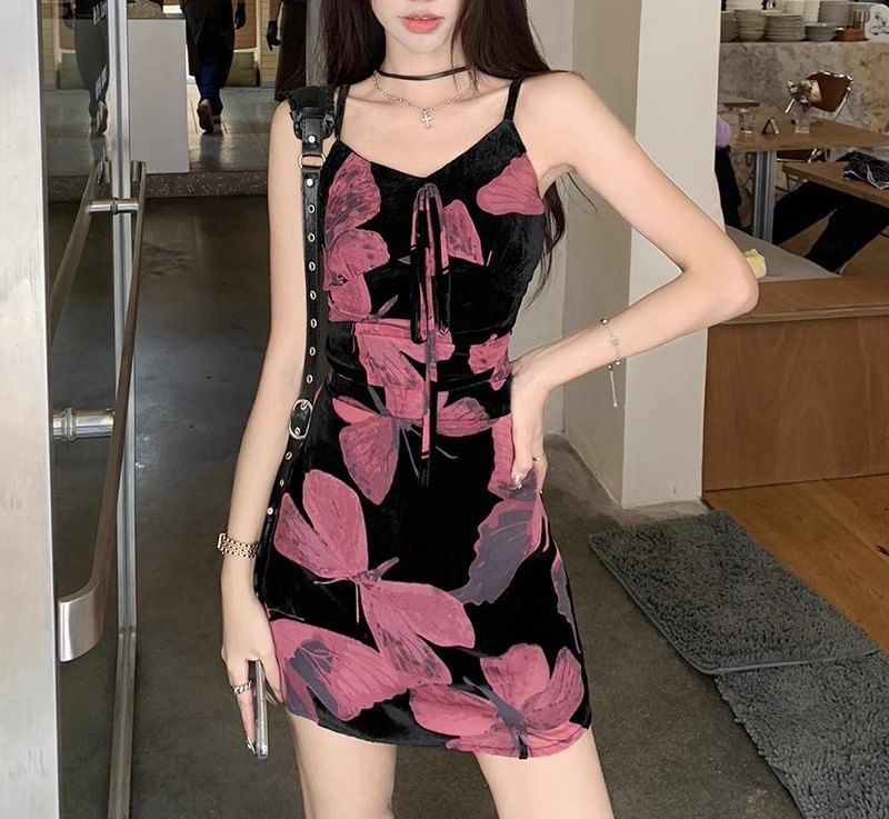 A-Line Designs) Floral (Various Spaghetti Dress Strap V-Neck Print