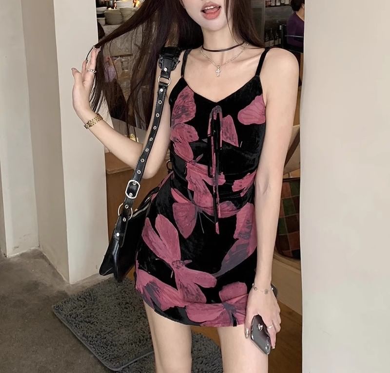 A-Line Designs) Floral (Various Spaghetti Dress Strap V-Neck Print