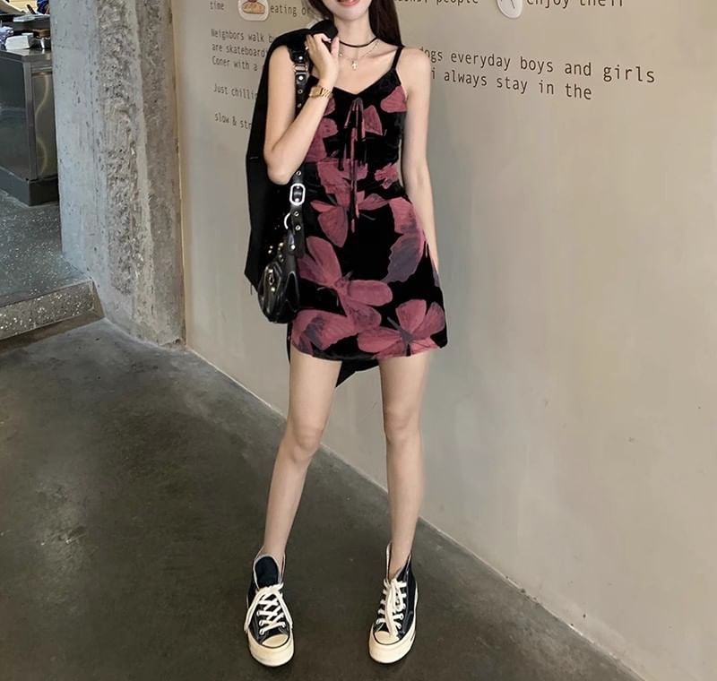 A-Line Designs) Floral (Various Spaghetti Dress Strap V-Neck Print