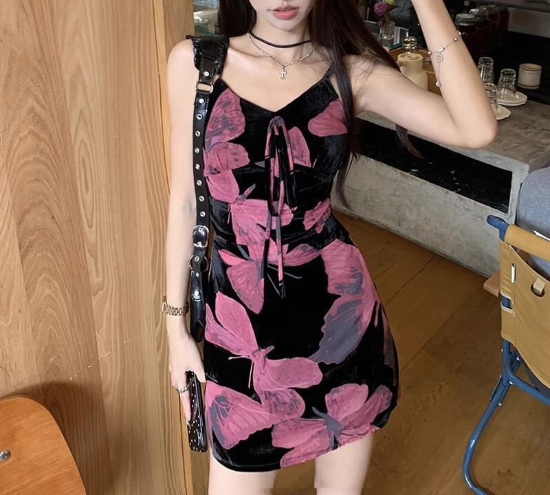 A-Line Designs) Floral (Various Spaghetti Dress Strap V-Neck Print