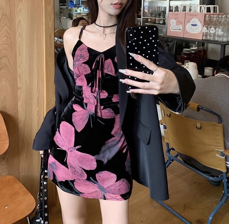 A-Line Designs) Floral (Various Spaghetti Dress Strap V-Neck Print