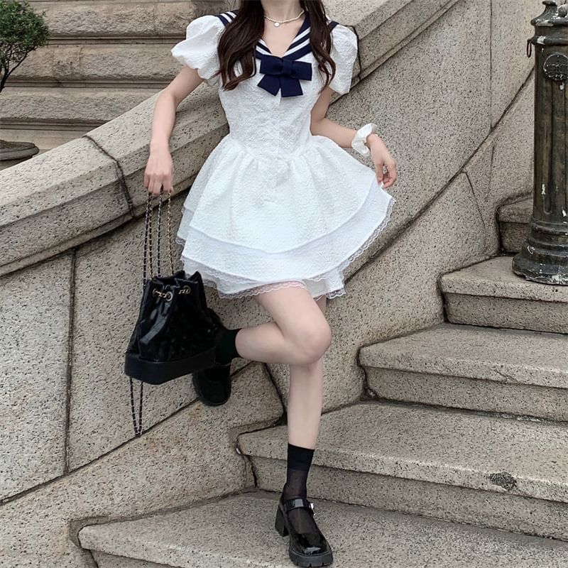 Mini Dress A-Line Sailor Short-Sleeve Collar