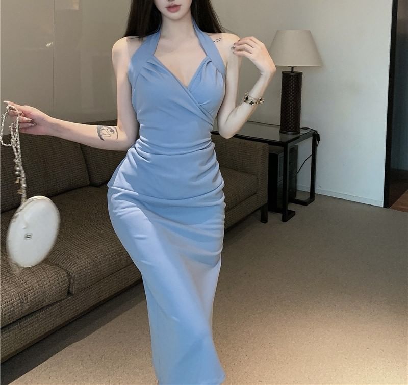 Maxi Neck Plain Dress Halter Sheath