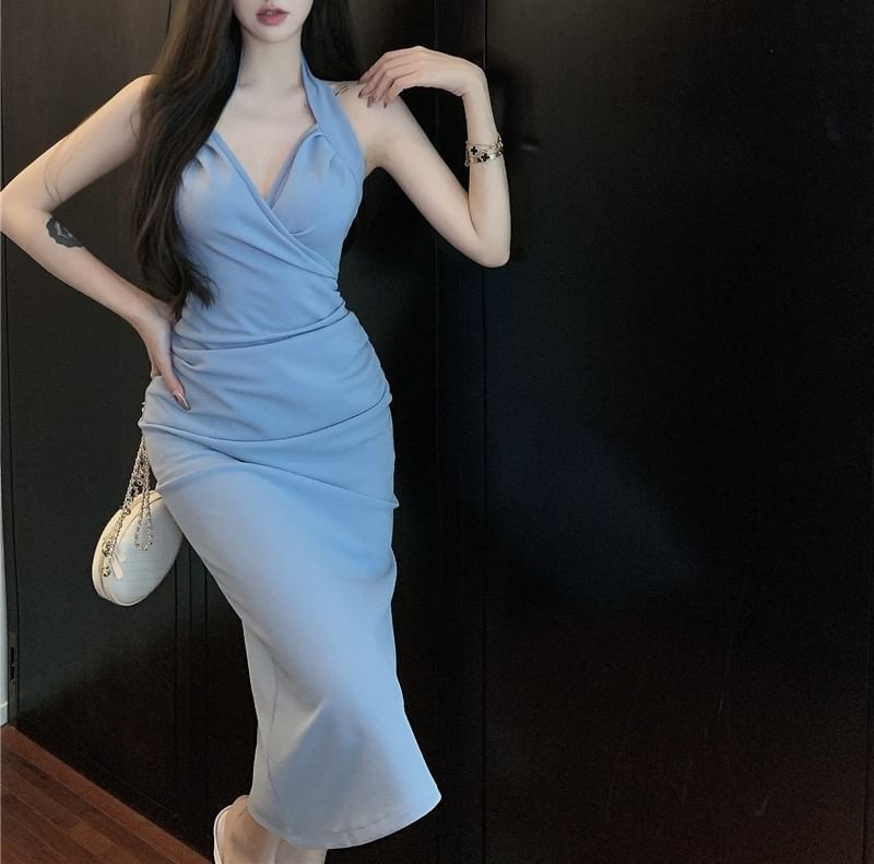 Maxi Neck Plain Dress Halter Sheath