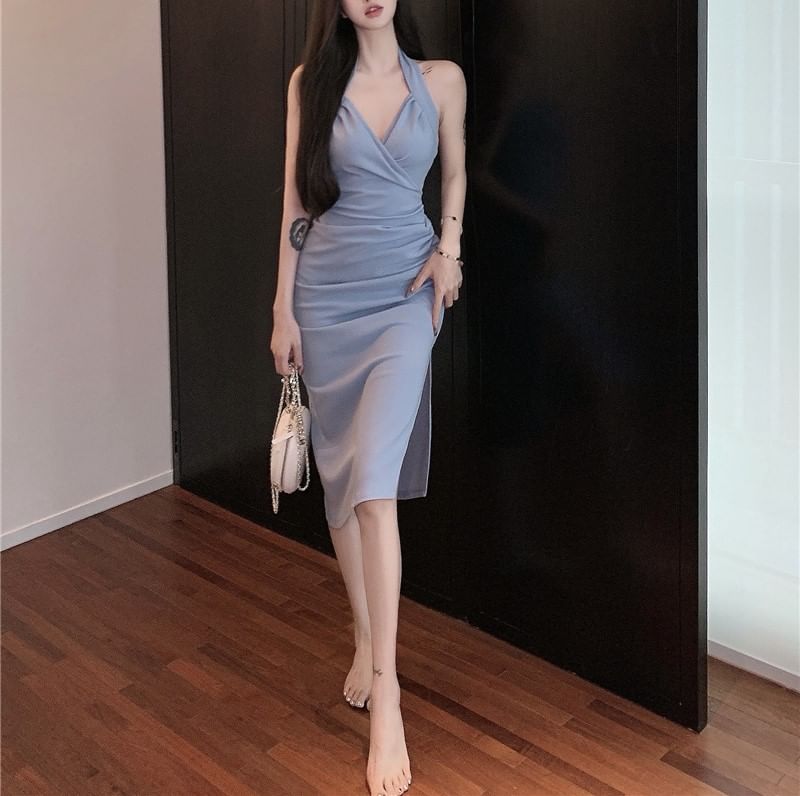 Maxi Neck Plain Dress Halter Sheath