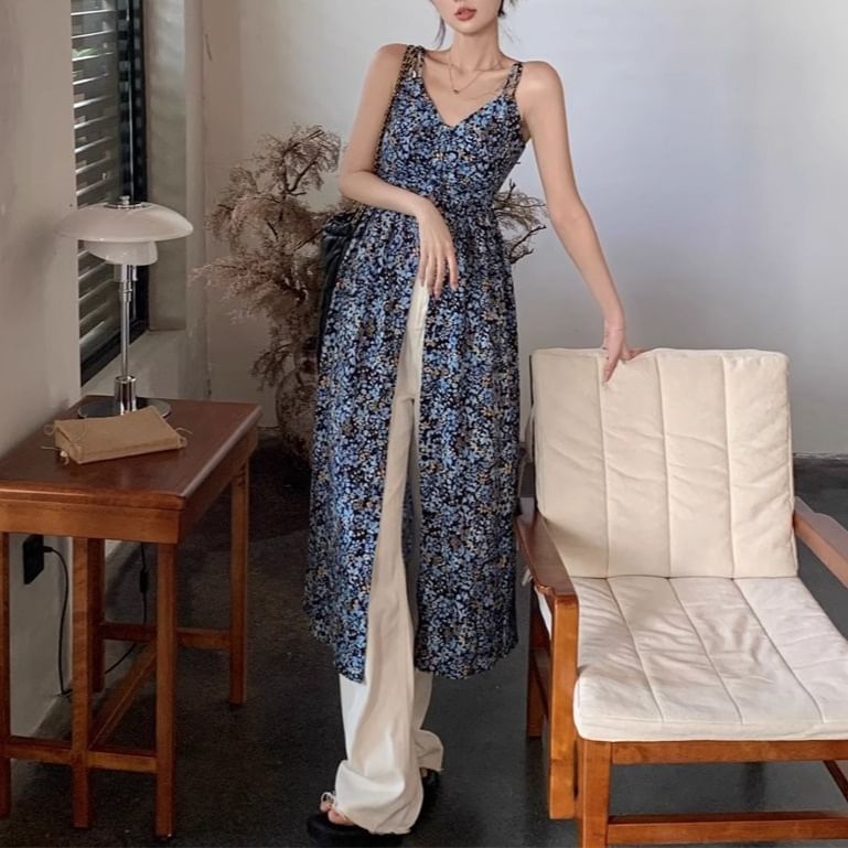 Midi Floral Sleeveless A-Line Dress Print V-Neck