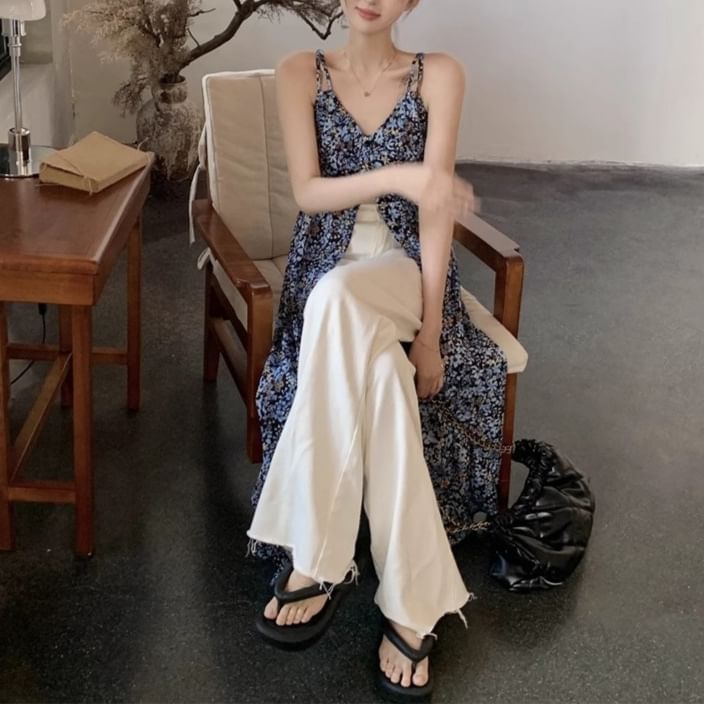 Midi Floral Sleeveless A-Line Dress Print V-Neck