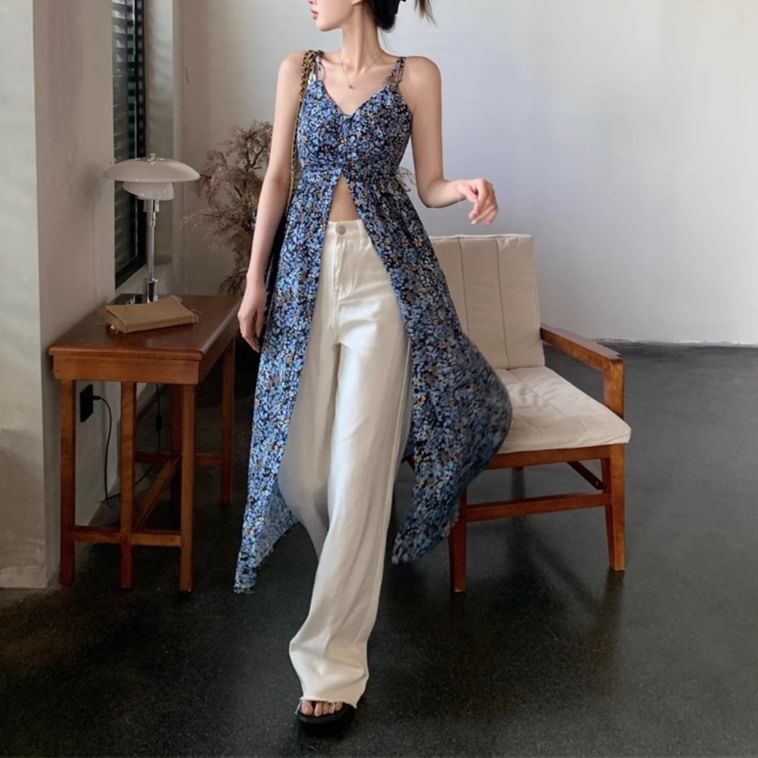 Midi Floral Sleeveless A-Line Dress Print V-Neck