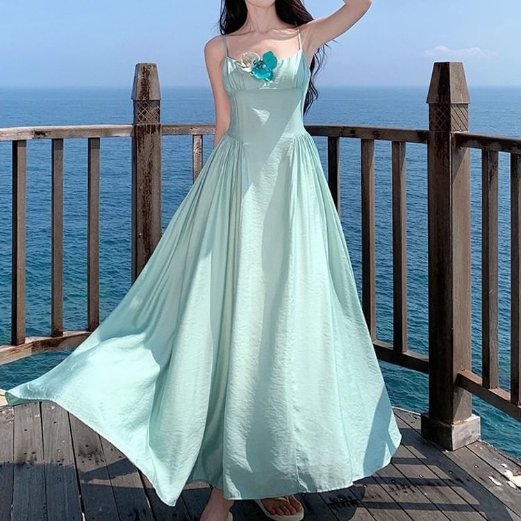 Floral Maxi Strap Spaghetti Accent A-Line Dress