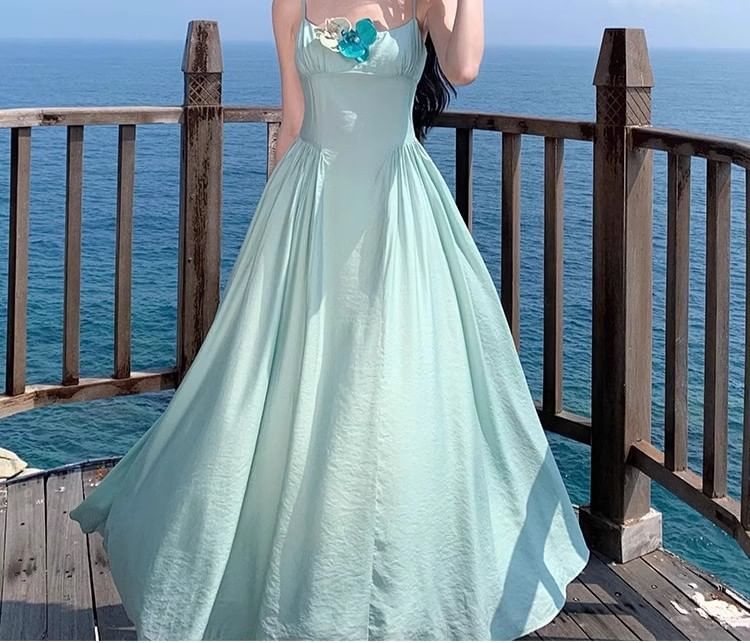 Floral Maxi Strap Spaghetti Accent A-Line Dress