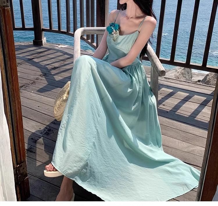 Floral Maxi Strap Spaghetti Accent A-Line Dress