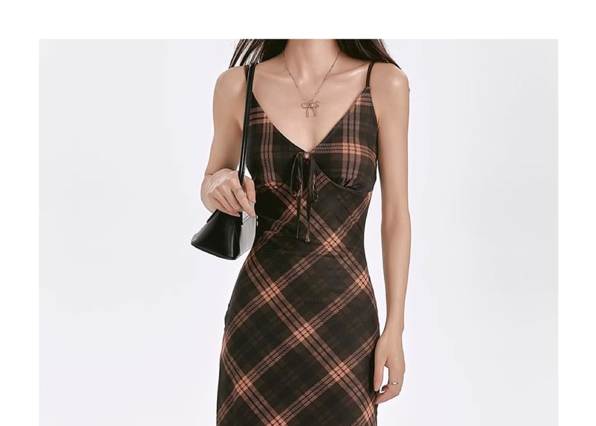 Strap Dress V-Neck Maxi Plaid Spaghetti Sheath