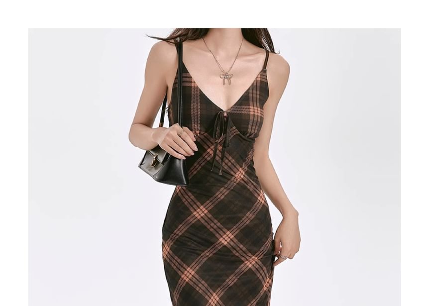 Strap Dress V-Neck Maxi Plaid Spaghetti Sheath