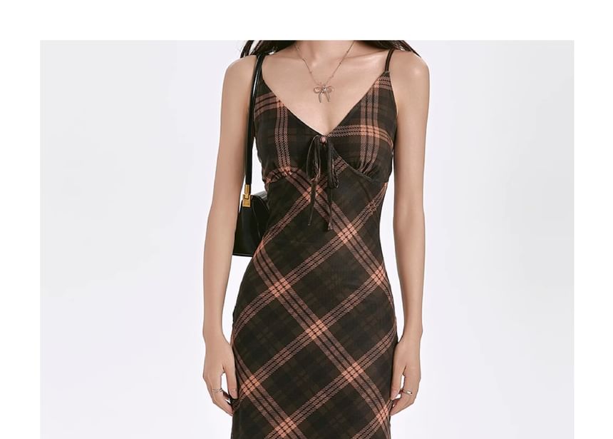 Strap Dress V-Neck Maxi Plaid Spaghetti Sheath
