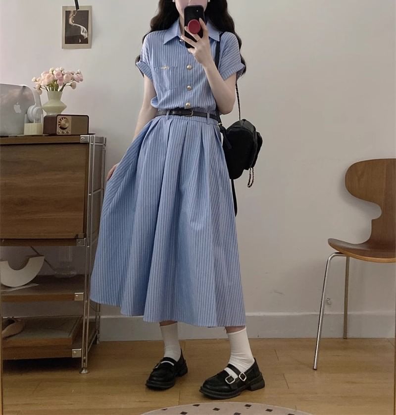 Striped Short-Sleeve Shirt Maxi Dress A-Line