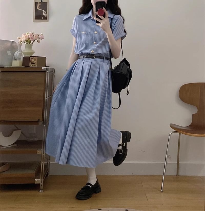 Striped Short-Sleeve Shirt Maxi Dress A-Line