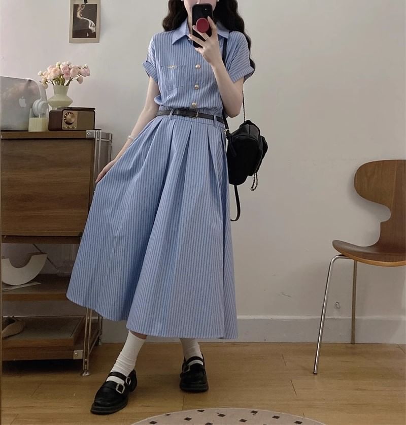 Striped Short-Sleeve Shirt Maxi Dress A-Line