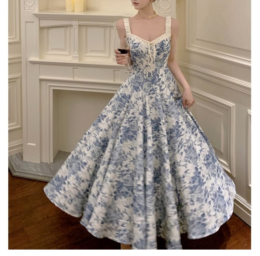 Maxi Dress V-Neck Floral Print A-Line Sleeveless