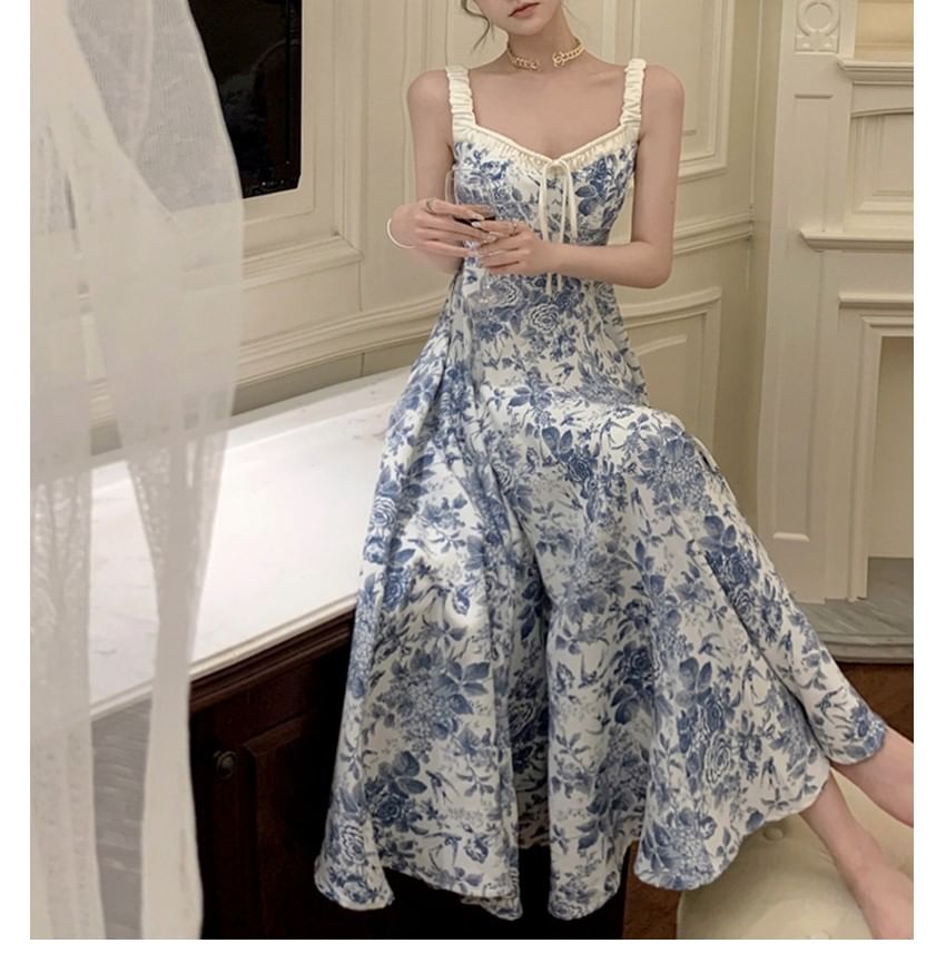 Maxi Dress V-Neck Floral Print A-Line Sleeveless