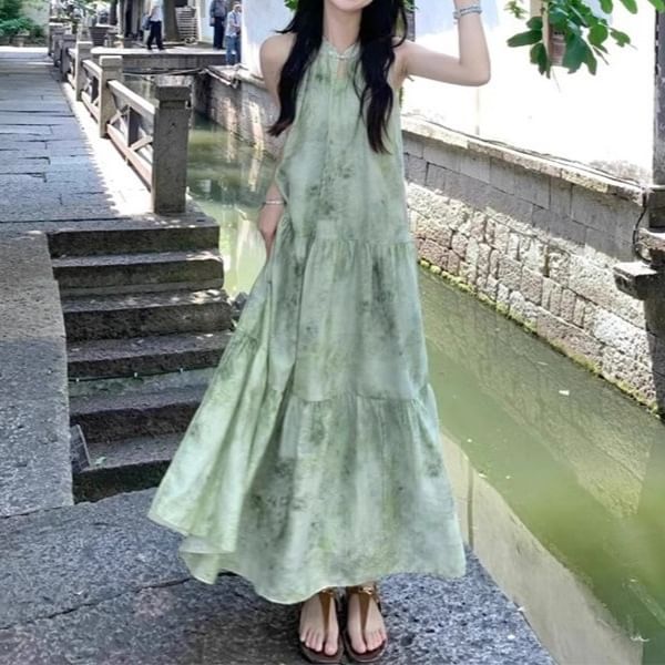 A-Line Print Dress Sleeveless Maxi