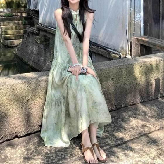 A-Line Print Dress Sleeveless Maxi