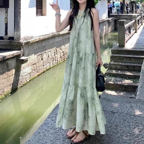 A-Line Print Dress Sleeveless Maxi