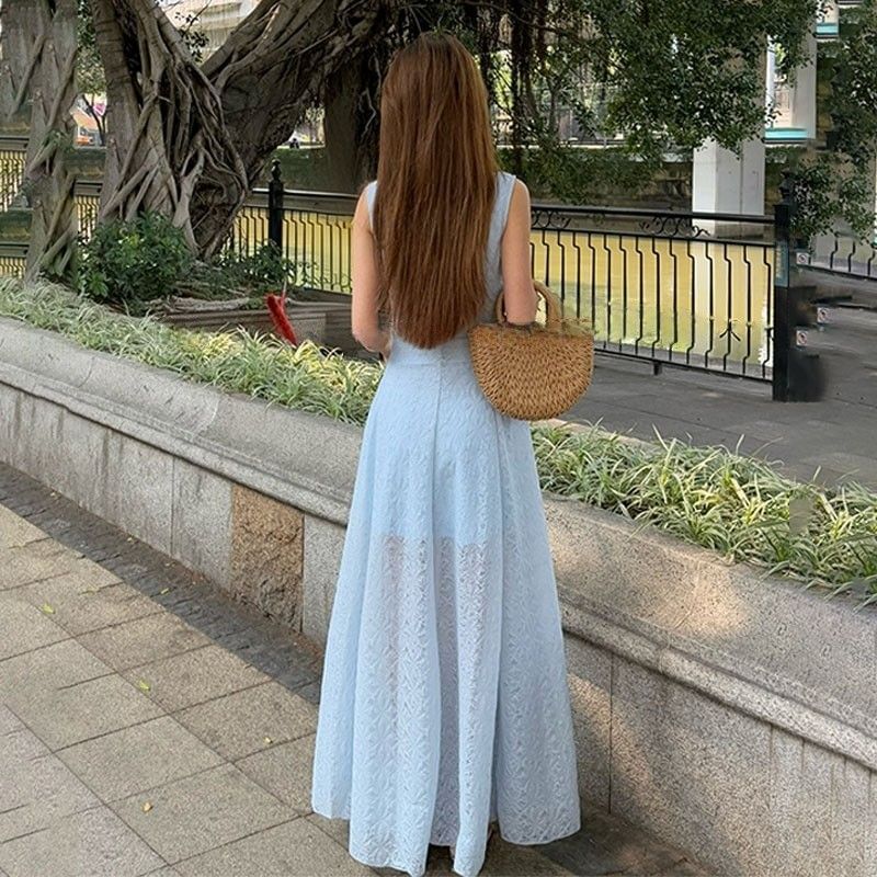 A-Line Sleeveless Dress Square Neck Plain Maxi