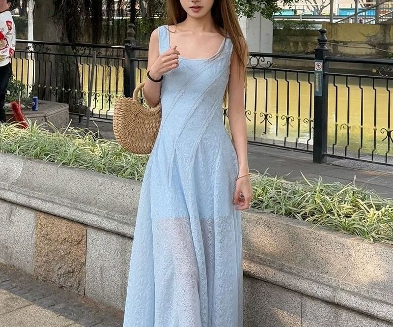 A-Line Sleeveless Dress Square Neck Plain Maxi
