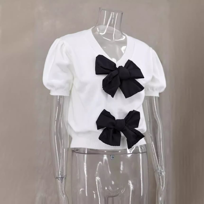 Tone V-Neck Two Knit Puff-Sleeve Crop Accent Bow Top