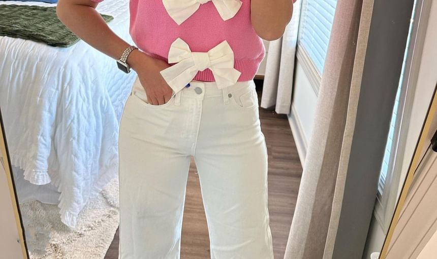 Tone V-Neck Two Knit Puff-Sleeve Crop Accent Bow Top