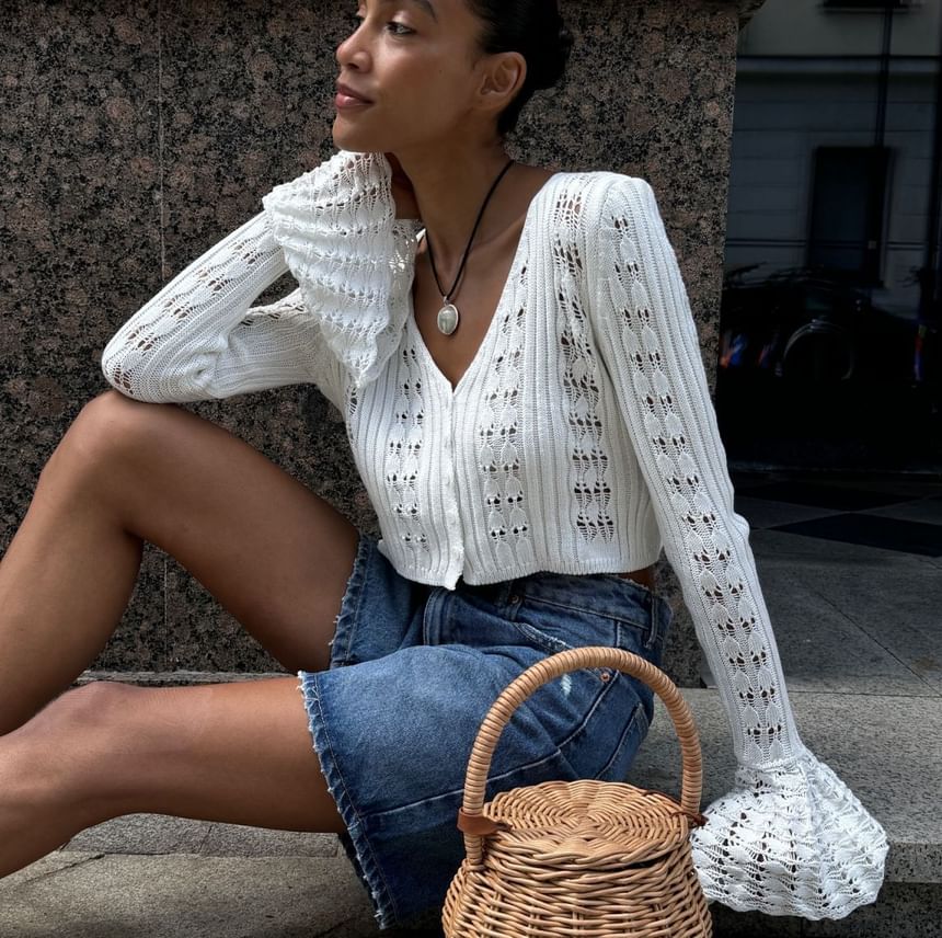 Flared-Cuff Crop V-Neck Plain Cardigan Perforated Button-Up