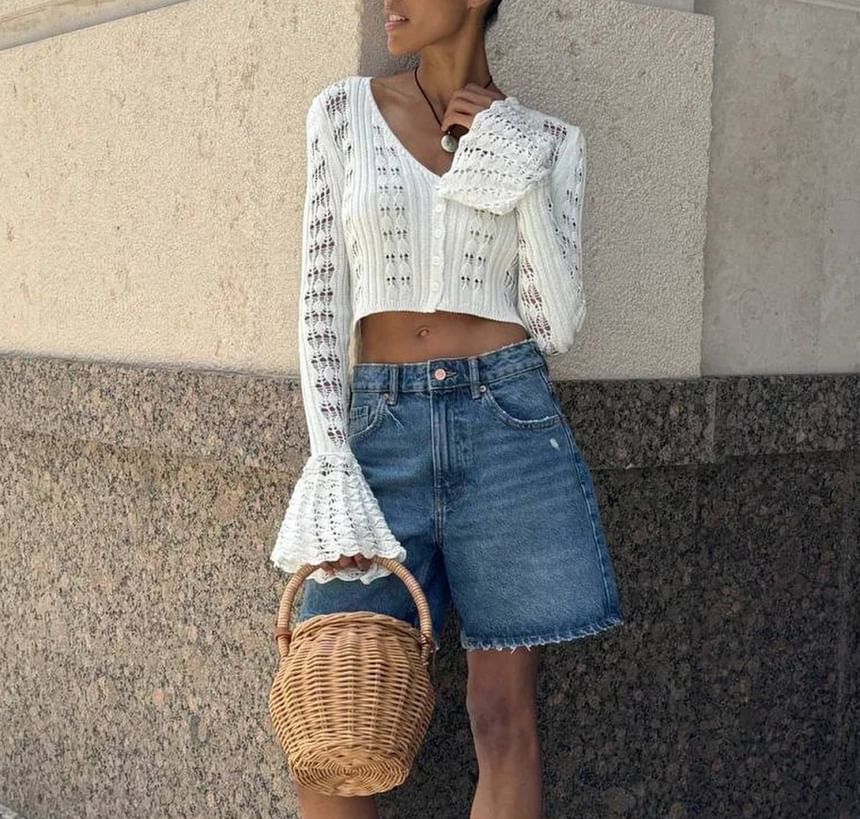 Flared-Cuff Crop V-Neck Plain Cardigan Perforated Button-Up
