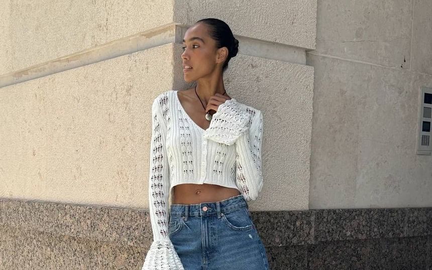 Flared-Cuff Crop V-Neck Plain Cardigan Perforated Button-Up