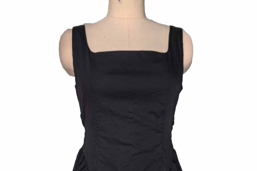 Open Dress Square Neck Back Plain A-Line Waist Tie Mini Sleeveless
