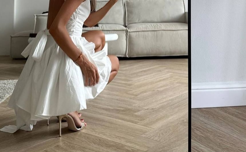 Open Dress Square Neck Back Plain A-Line Waist Tie Mini Sleeveless