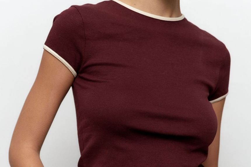 Contrast Crop Short-Sleeve Neck Fit Slim Tee Trim Crew